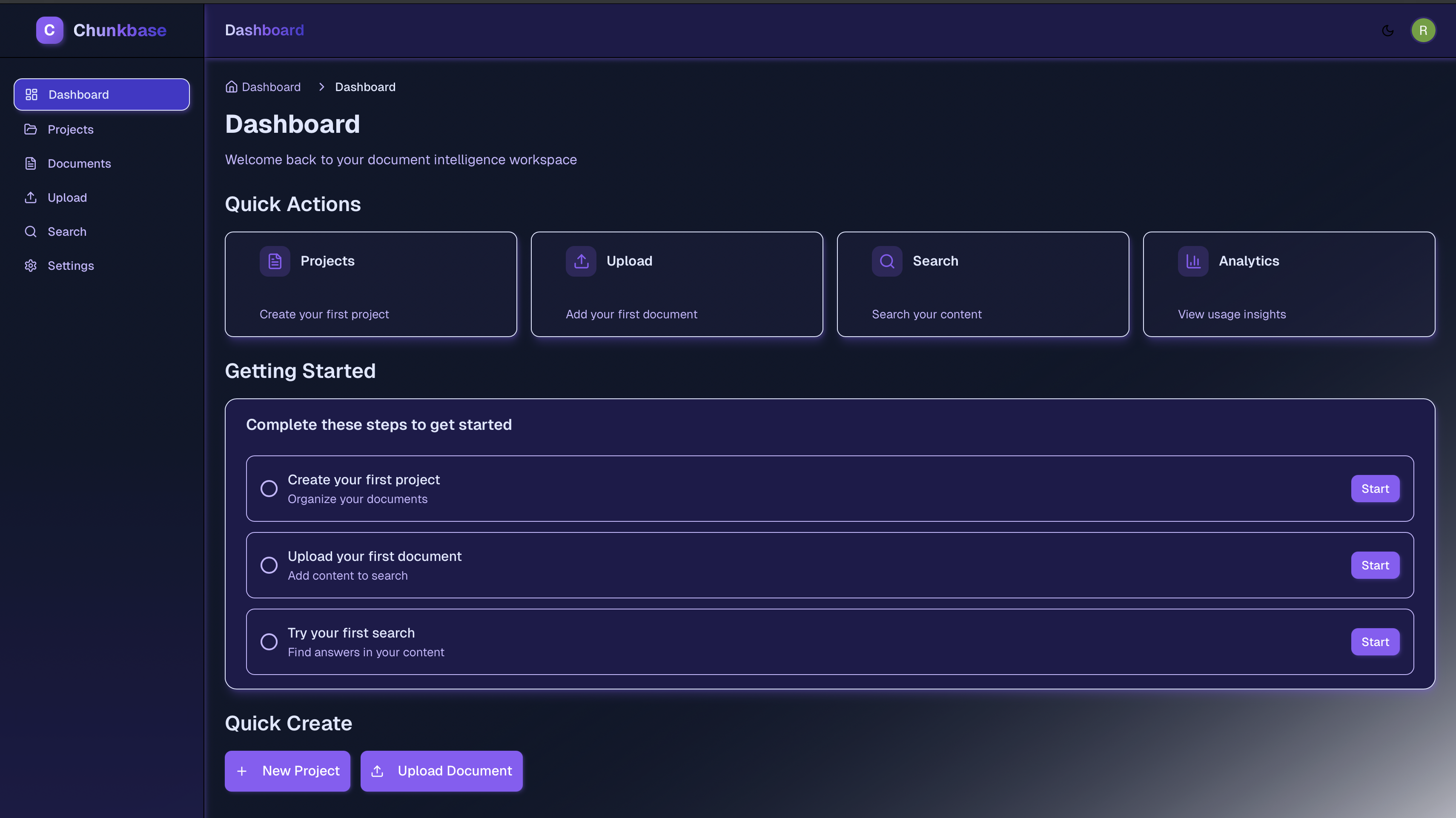 ChunkBase Dashboard Interface - Document management and AI search in action